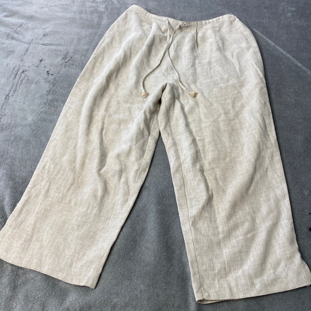 Jaclyn Smith Capri Pants Women's M Beige Linen Blend Wide Leg Drawstring Relaxed